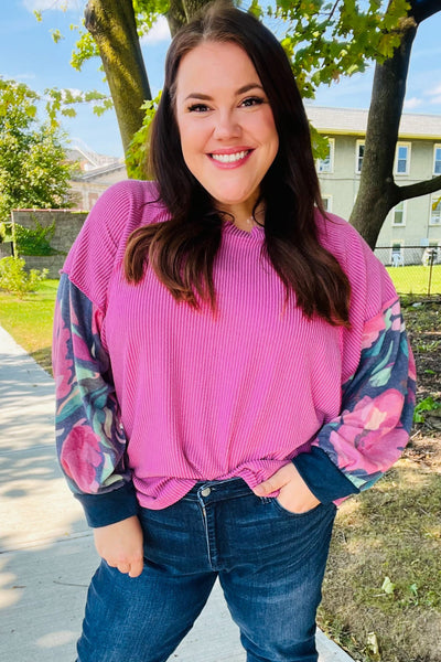 Weekend Ready Magenta & Navy Floral Mineral Wash Rib Dolman Top