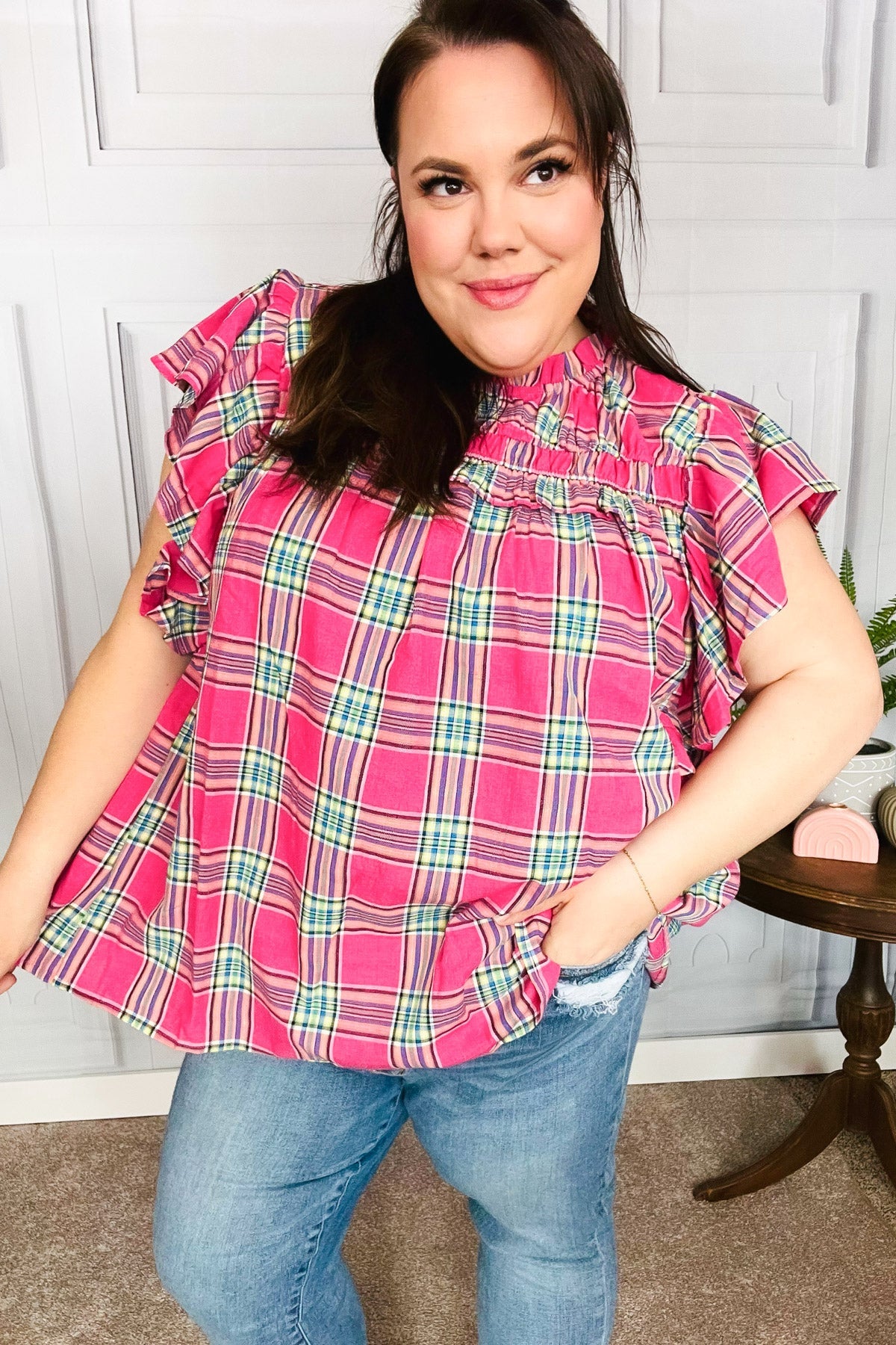 Live For Today Top in Fuchsia Plaid