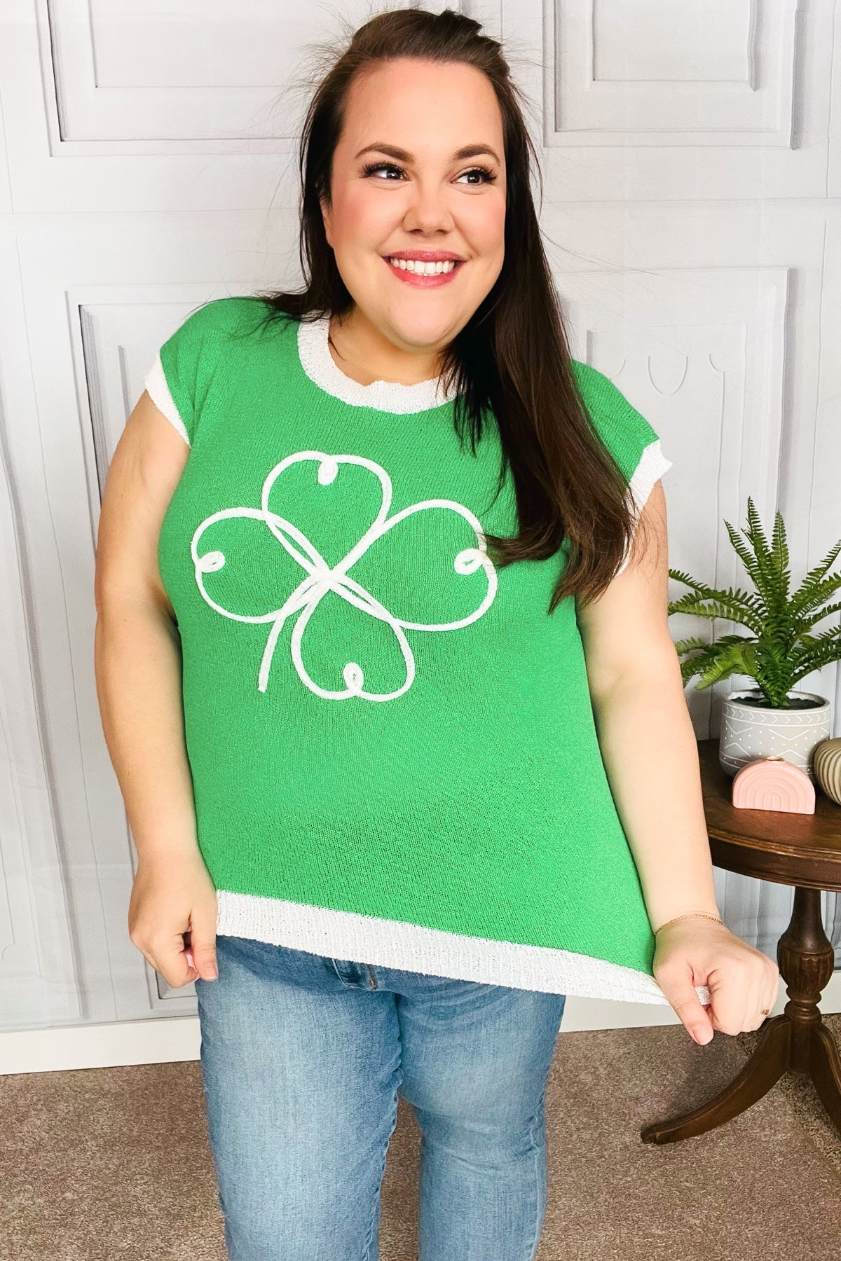 Lucky Embroidered Clover Short Sleeve Dolman Sweater