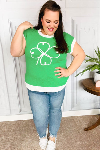 Lucky Embroidered Clover Short Sleeve Dolman Sweater