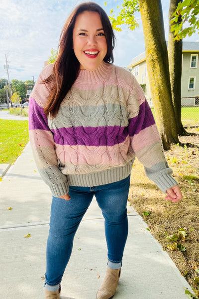 Fall For You Mauve Multicolor Stripe Cable Knit Mock Neck Sweater