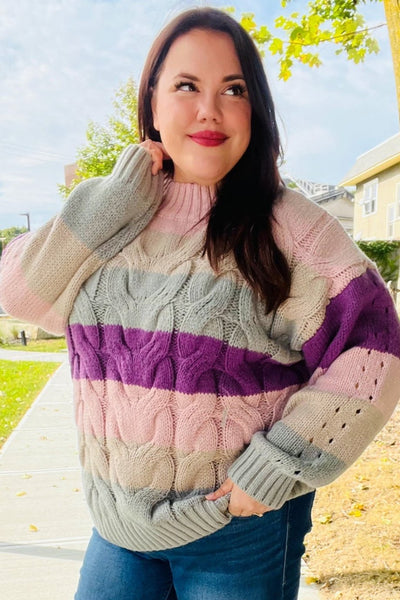 Fall For You Mauve Multicolor Stripe Cable Knit Mock Neck Sweater