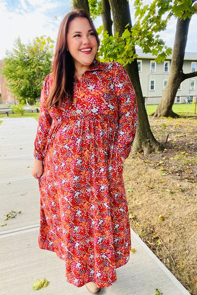 Casual Living Burgundy Floral Collared Fit & Flare Maxi Dress