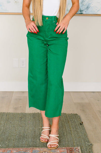 Judy Blue Lisa High Rise Control Top Wide Leg Crop Jeans in Kelly Green