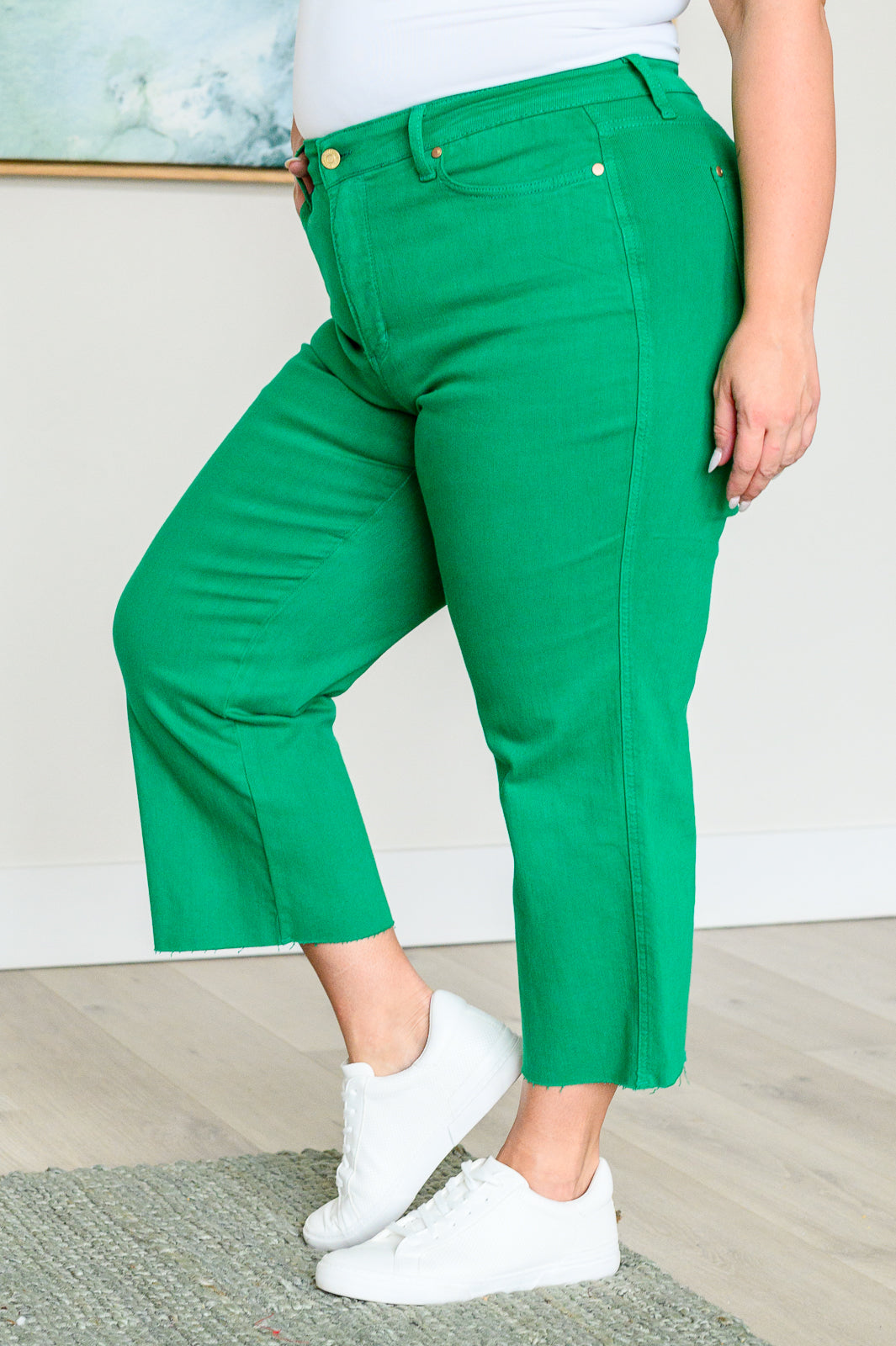 Judy Blue Lisa High Rise Control Top Wide Leg Crop Jeans in Kelly Green