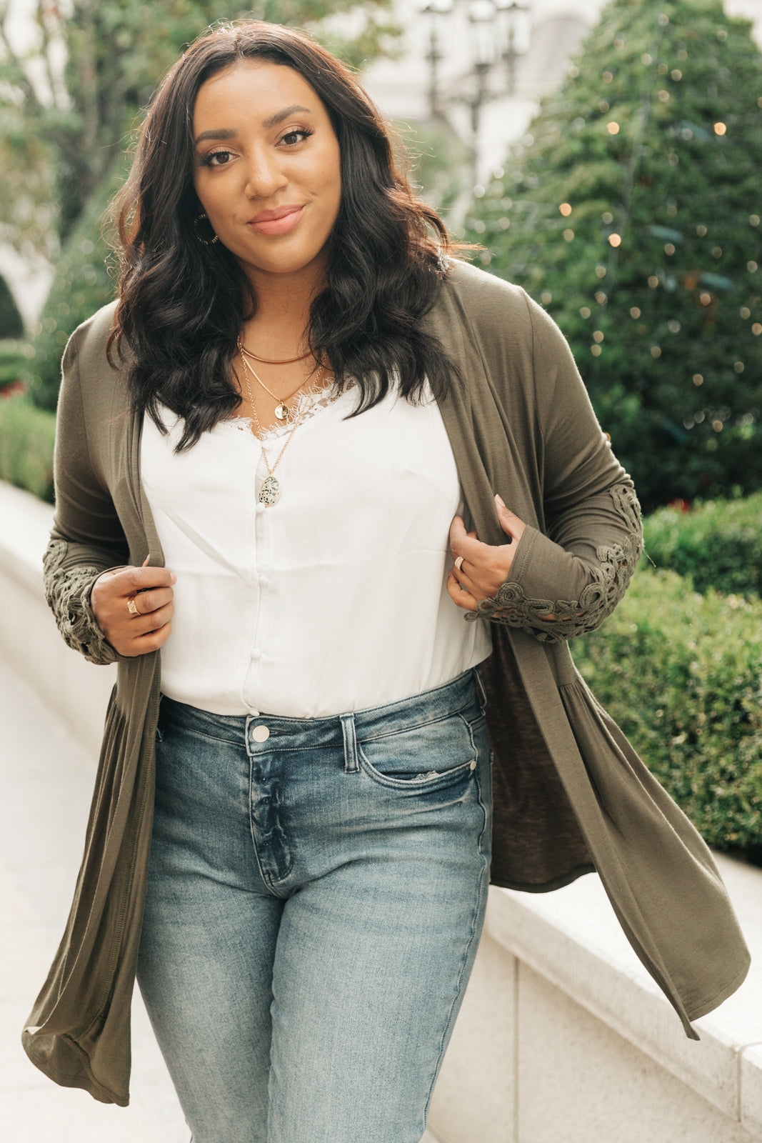 Little Bit Of Lace Cardigan In Olive