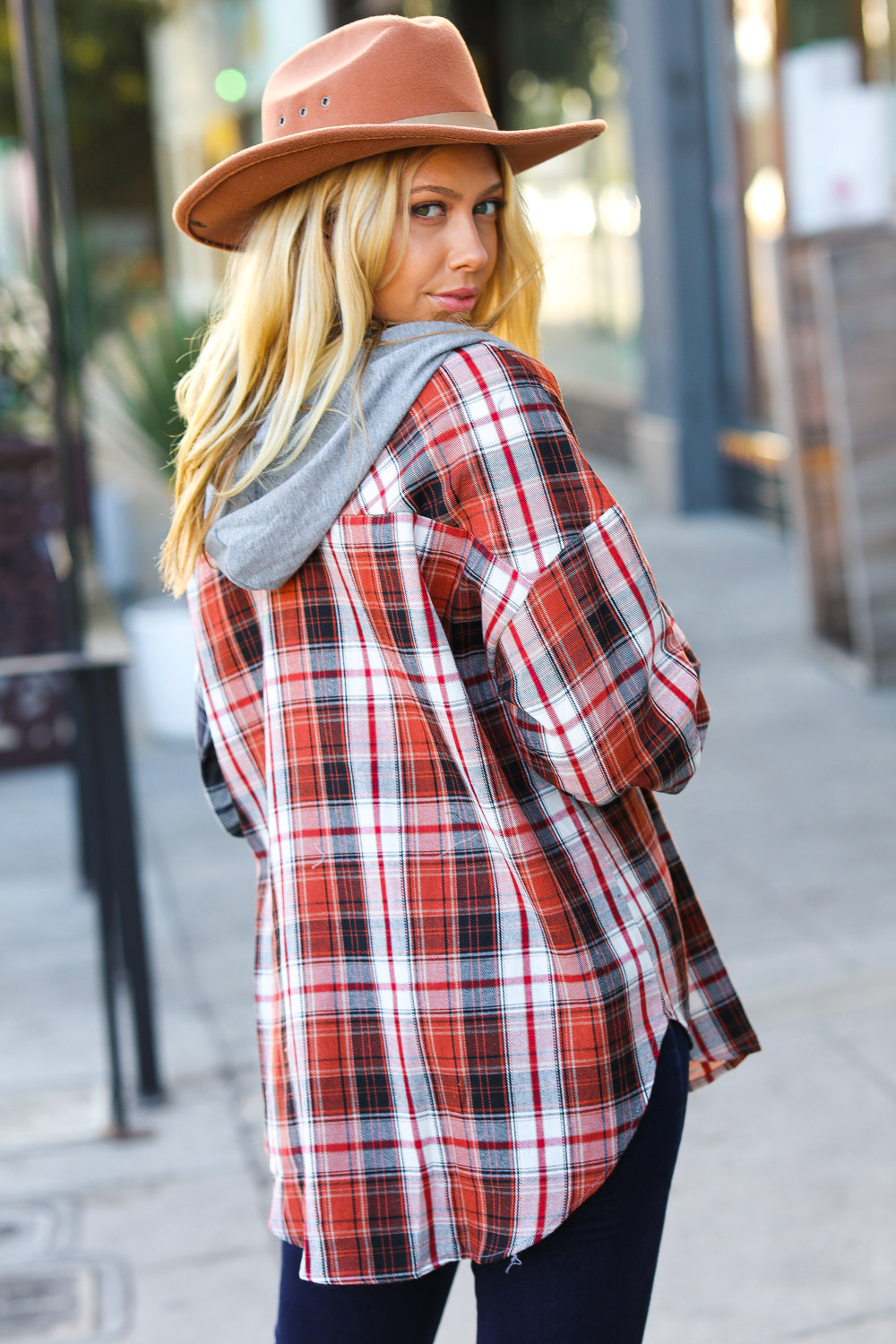 All Put Together Plaid Colorblock Hoodie Shacket