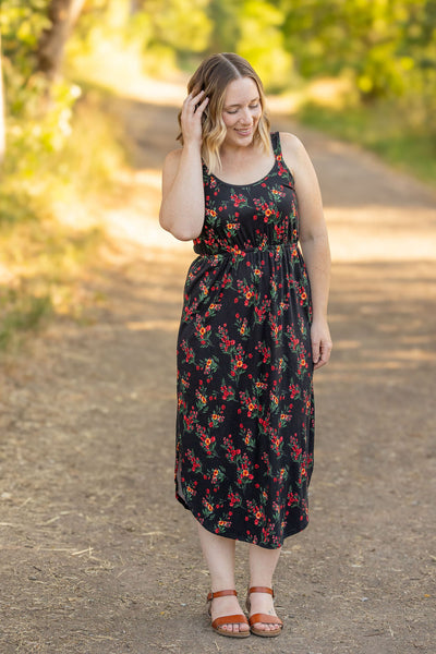 Reagan Ribbed Midi Dress - Black Floral