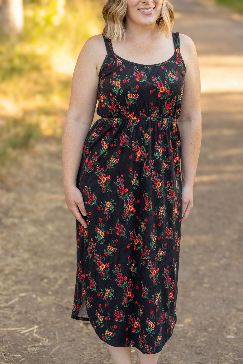 Reagan Ribbed Midi Dress - Black Floral