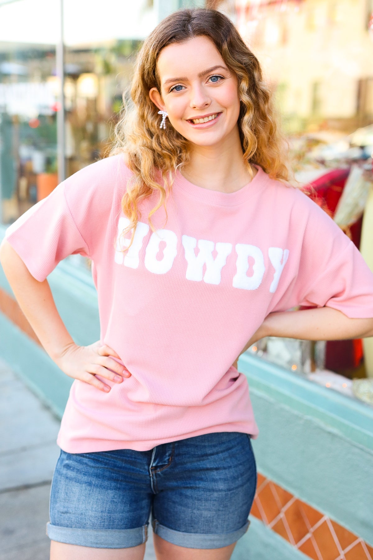 "HOWDY" Pop Up Embroidery Ribbed Top