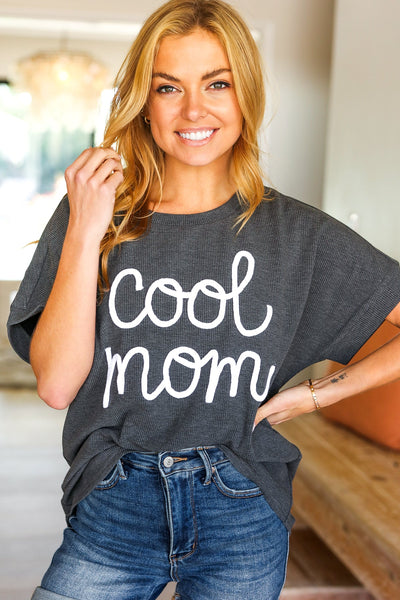 Take A Bow "Cool Mom" Embroidery Pop-Up Top in Charcoal
