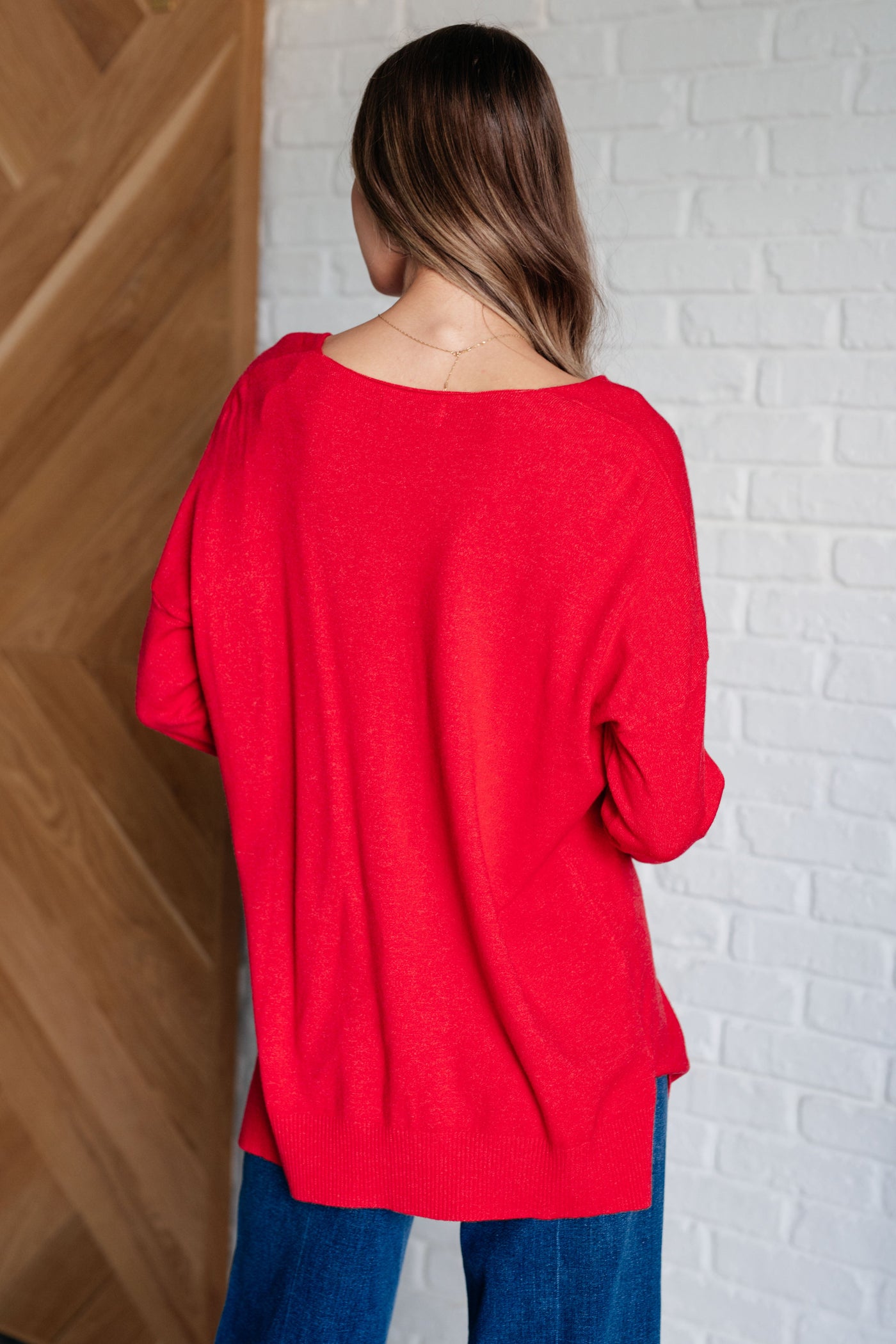 V-Neck Front Seam Sweater in Heather Red