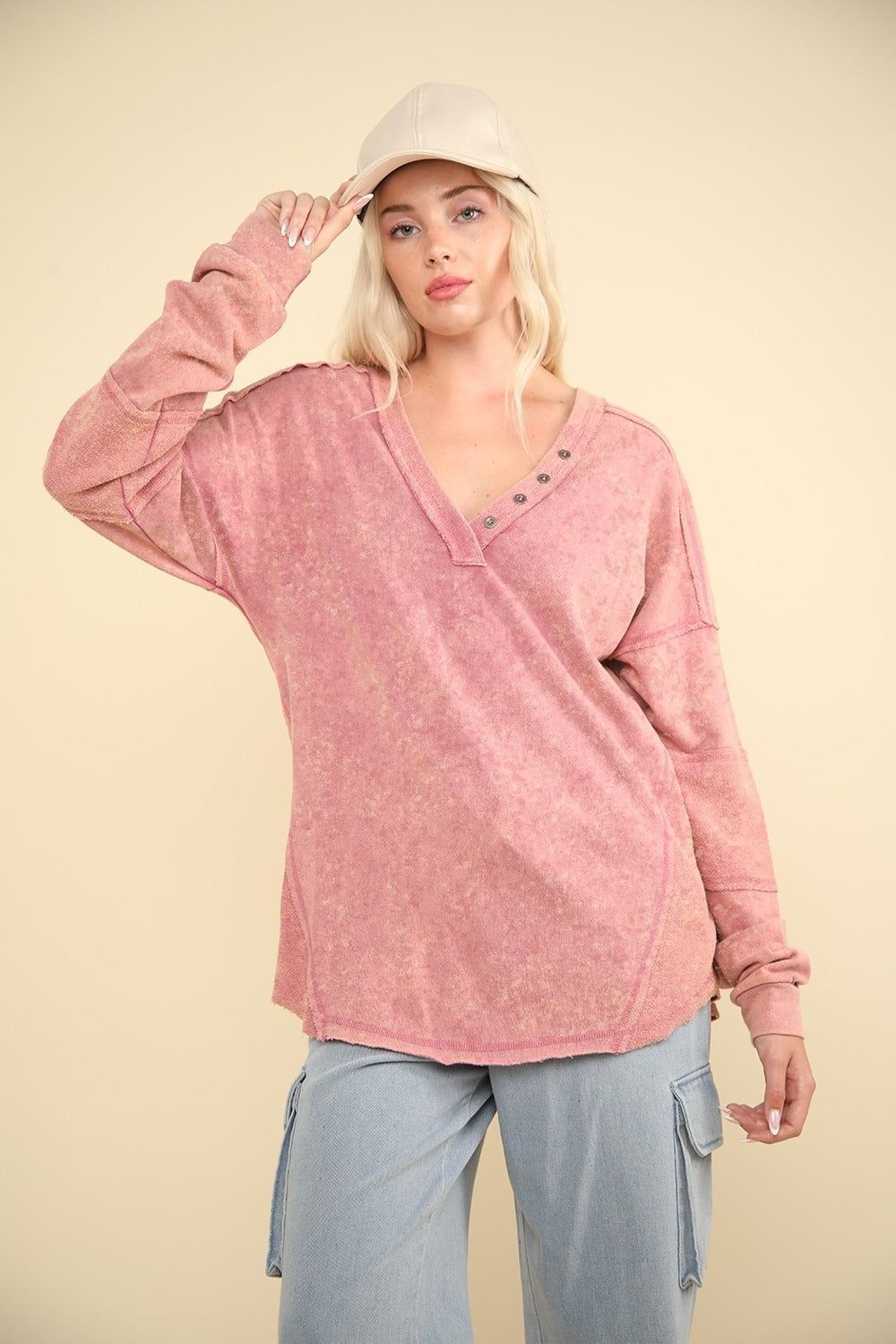 VERY J Washed V-Neck Exposed Seam Knit Top - Mauve