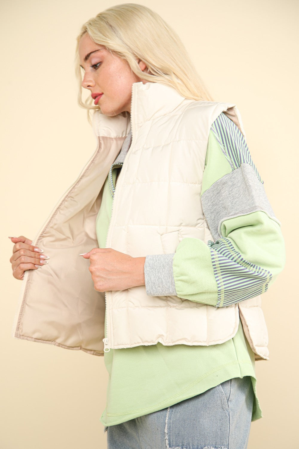 VERY J Zip Up Puffer Padded Warm Vest - Ivory