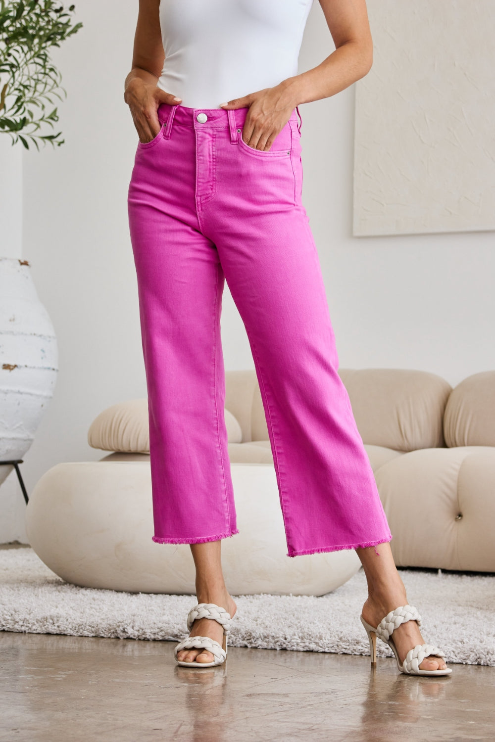 Chloe Tummy Control Raw Hem Jeans in Pink Rouge