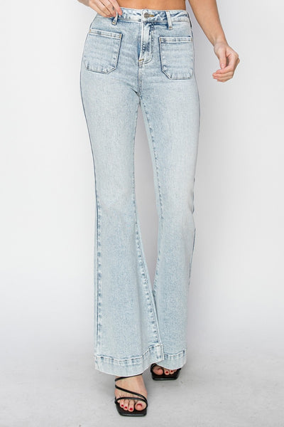 Risen Abigail High Rise Front Patch Pocket Flare Jeans