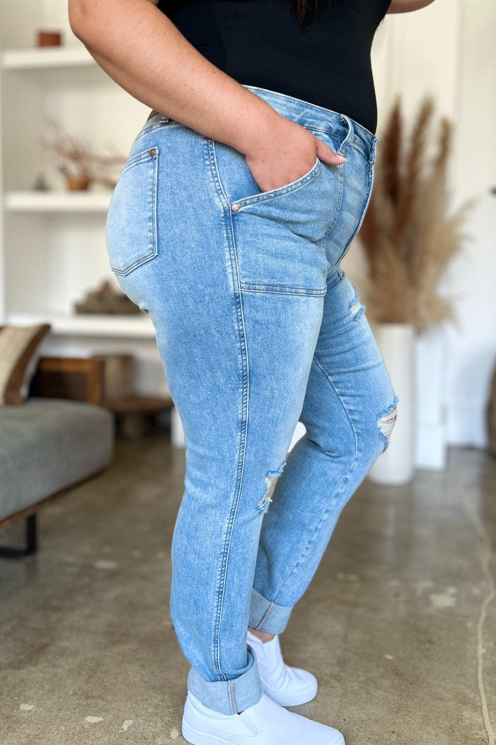 Judy Blue Elana Distressed Straight Jeans with Patch Pockets