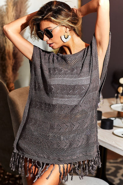 Fringed Hem Short Sleeve Knit Top in Mocha