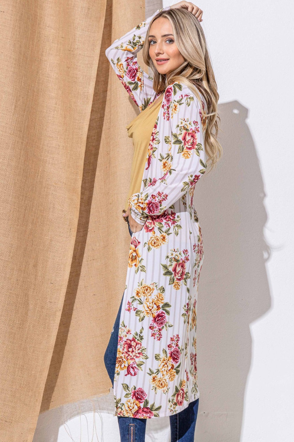 And The Why Open Front Longline Cardigan - Floral