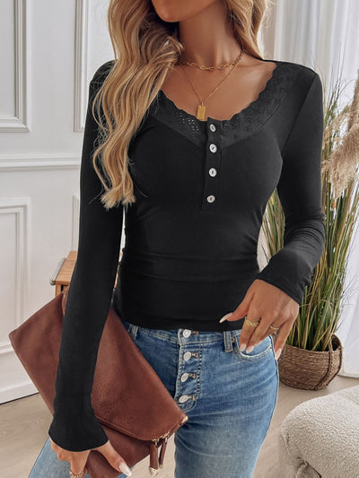 Devine Lace Detail Round Neck Long Sleeve Top