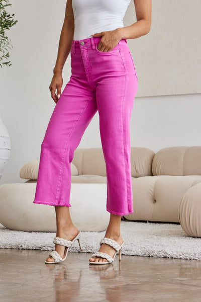 Chloe Tummy Control Raw Hem Jeans in Pink Rouge