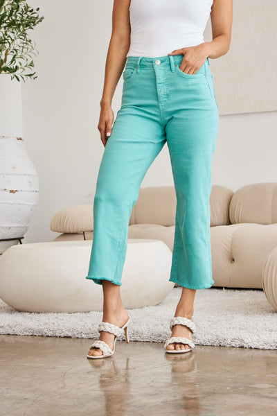 Chloe Tummy Control Raw Hem Jeans in Island Green