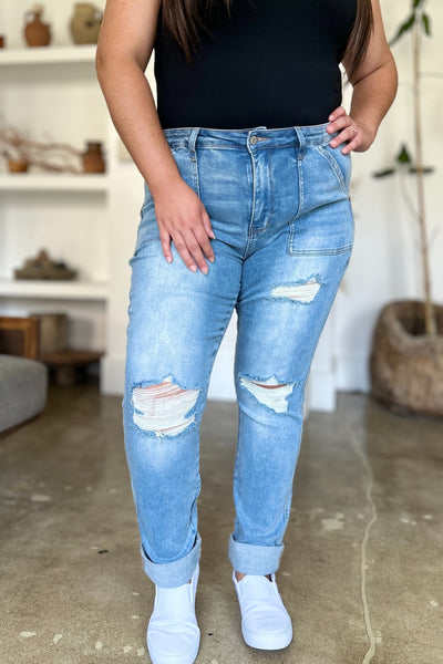 Judy Blue Elana Distressed Straight Jeans with Patch Pockets