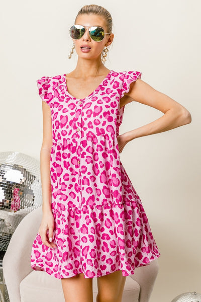 Leopard Love Tiered Mini Dress in Hot Pink