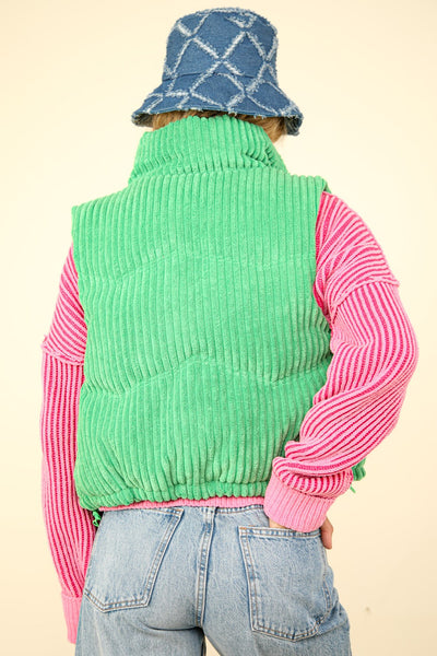 VERY J Zip Up Padded Corduroy Puffer Vest - Green