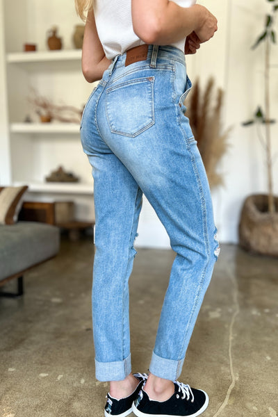 Judy Blue Elana Distressed Straight Jeans with Patch Pockets