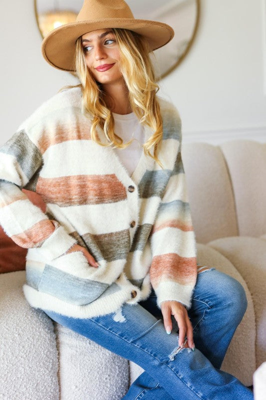 Ivory Striped Button Down Fuzzy Knit Cardigan