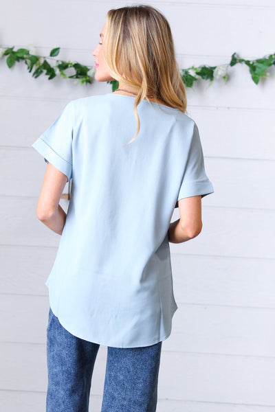 Ash Blue Wool Dobby Rolled Sleeve V Neck Top - Copper + Rose