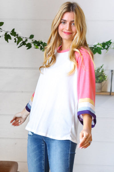 Pink Pointelle Color Block Wide Sleeve Pullover - Copper + Rose