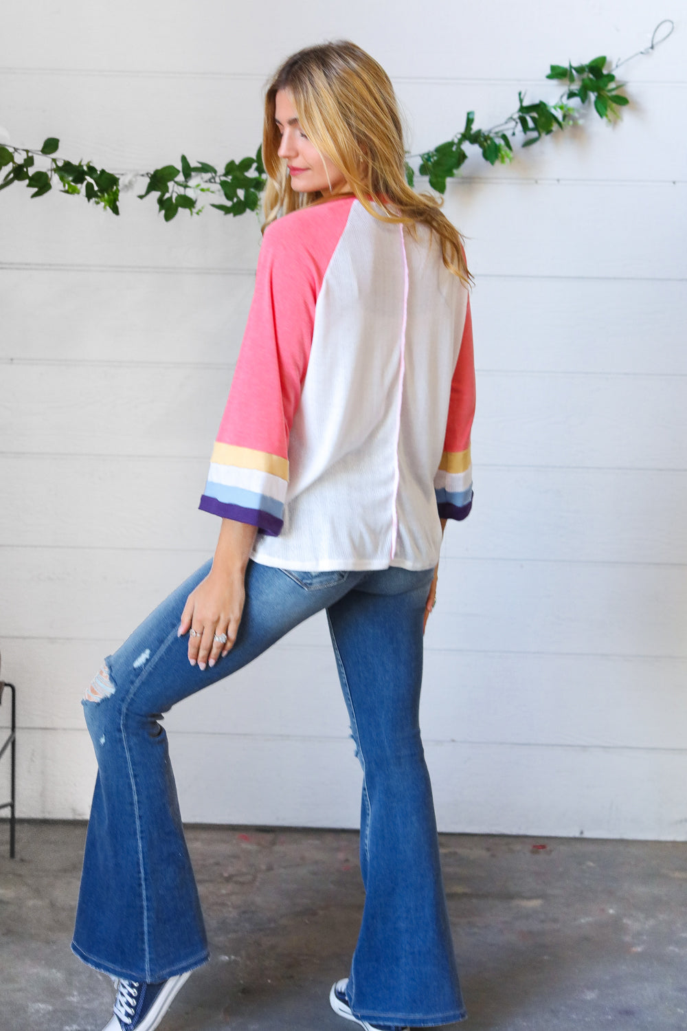 Pink Pointelle Color Block Wide Sleeve Pullover - Copper + Rose
