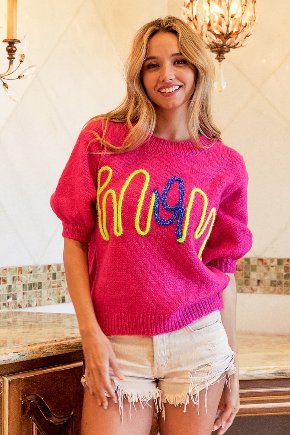 MOM Embroidered Short Sleeve Sweater