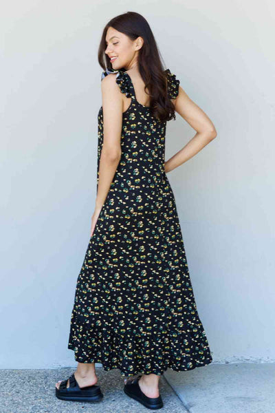 In The Garden Ruffle Floral Maxi Dress in  Black Yellow Floral