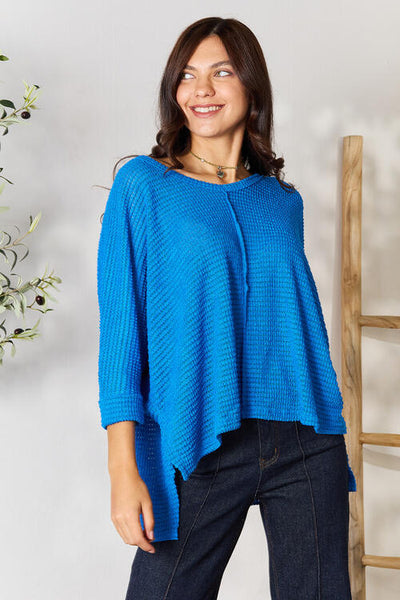 For The One High-Low Slit Knit Top - Blue