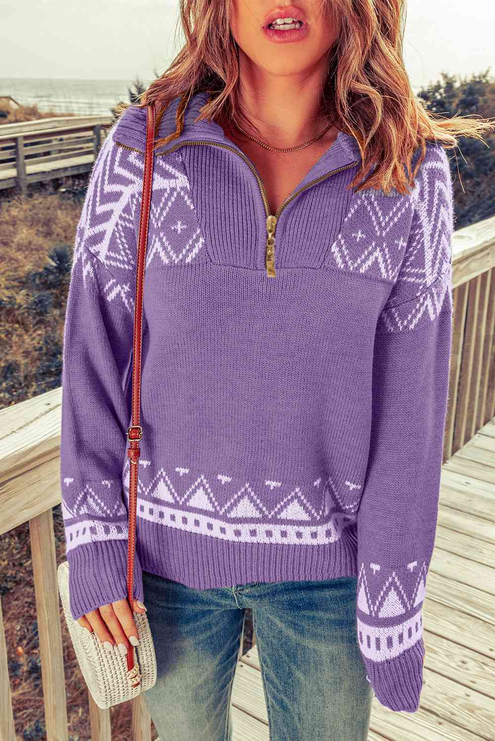 Geometric Lover Zip-Up Mock Neck Sweater