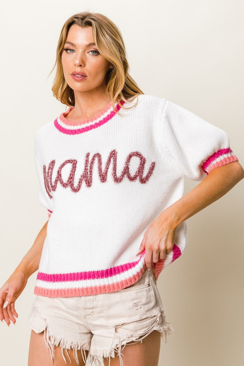 MAMA Embroidered Short Sleeve Sweater