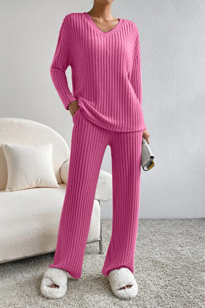 Ribbed V-Neck Top and Pants Set