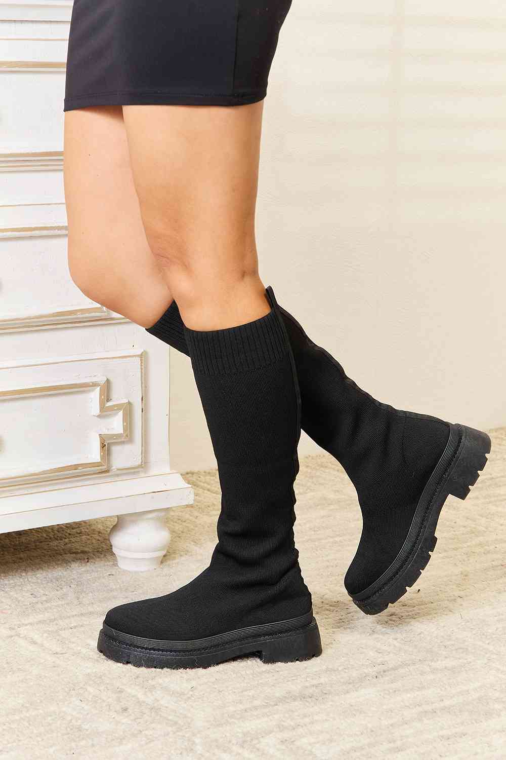 Diva Knee High Platform Sock Boots - Black