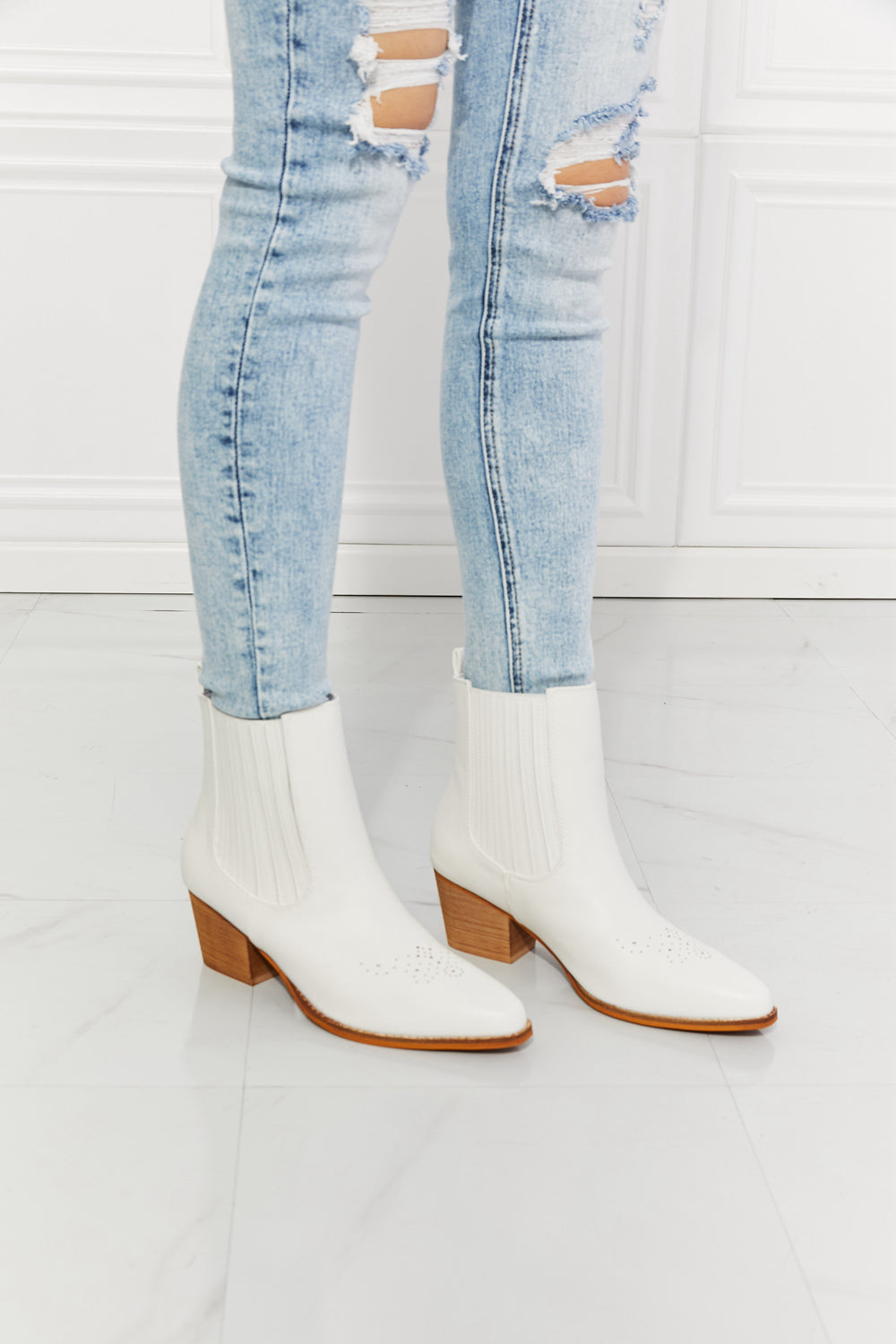 Love the Journey Stacked Heel Chelsea Boot in White - Copper + Rose