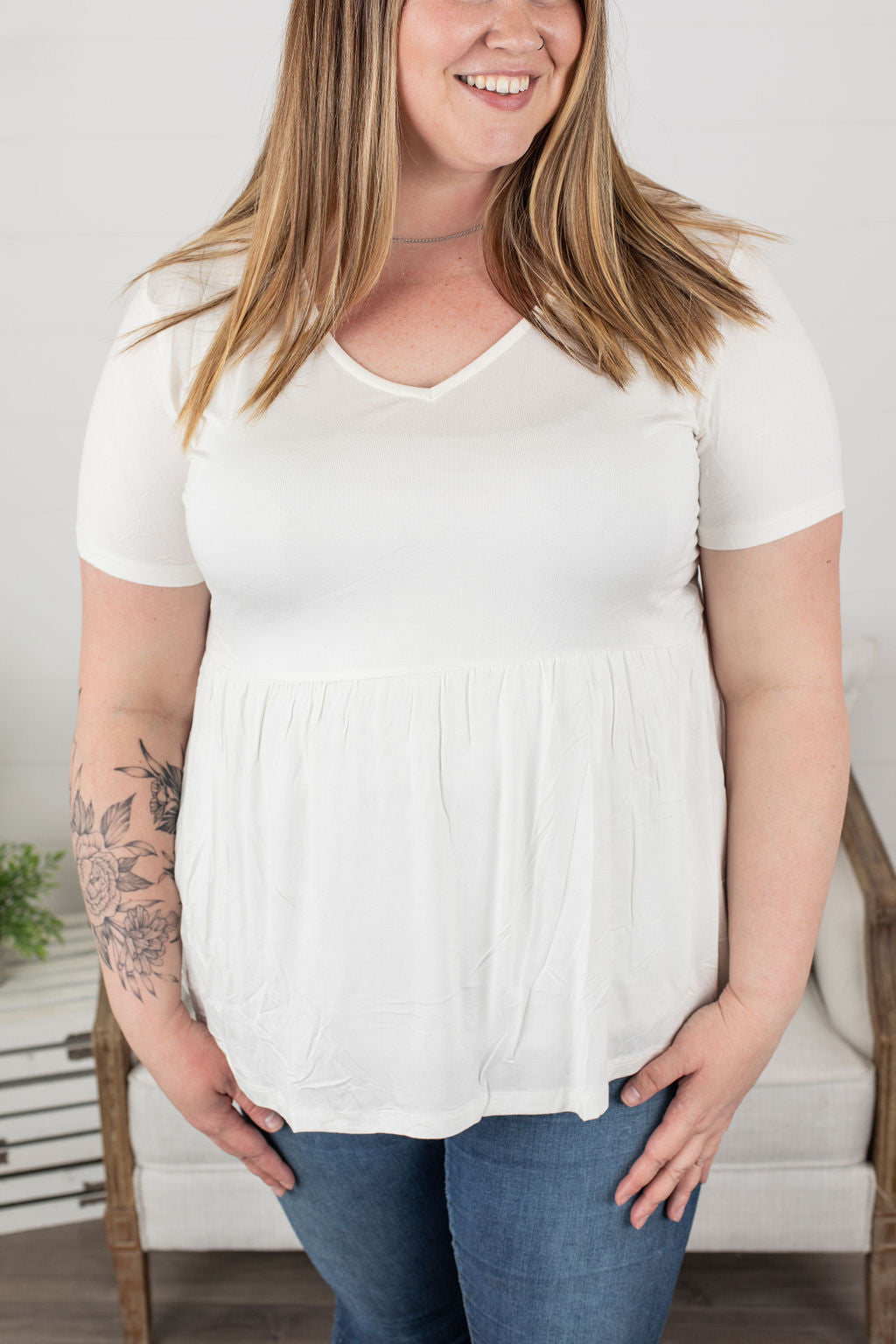 IN STOCK Sarah Ruffle Top - Ivory - Copper + Rose