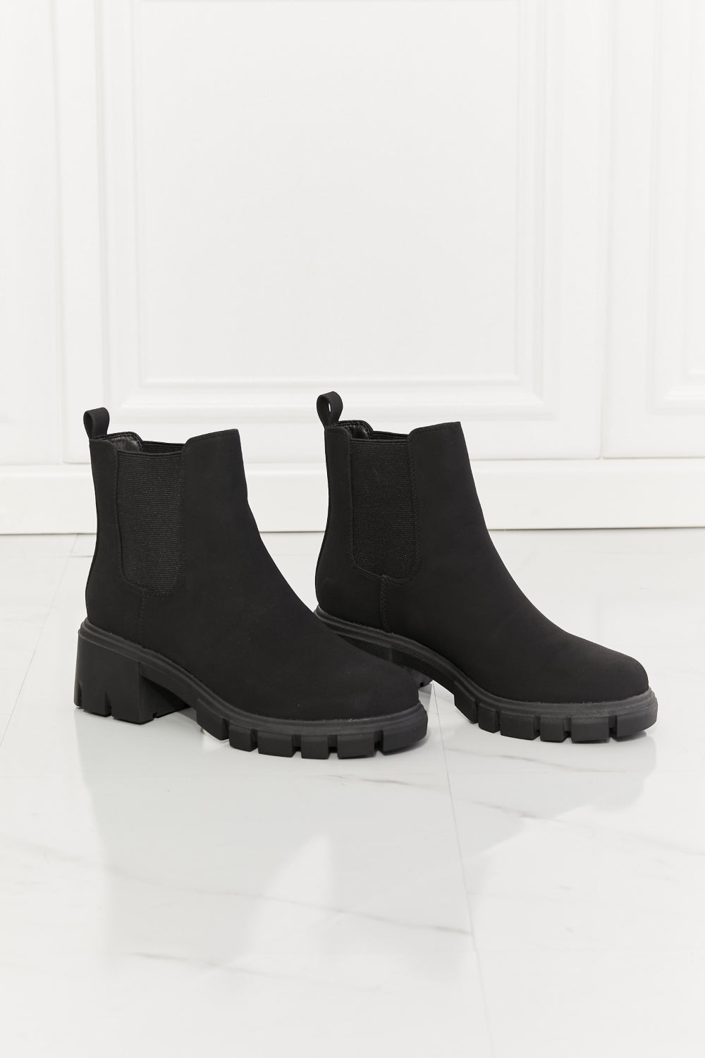 Work For It Matte Lug Sole Chelsea Boots in Black - Copper + Rose