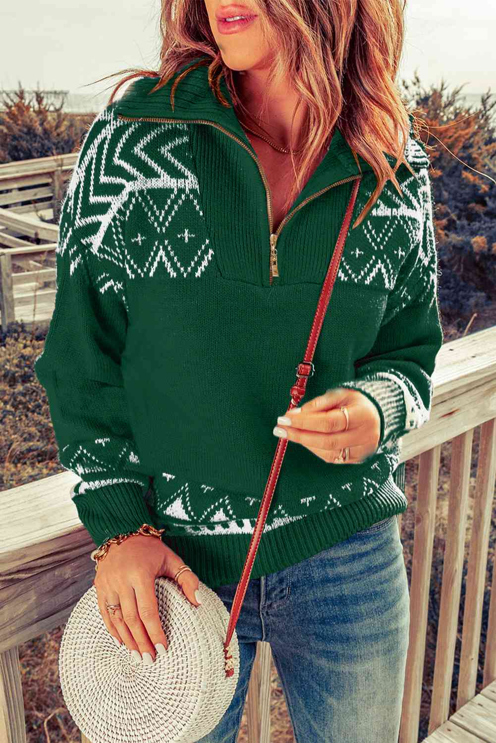 Geometric Lover Zip-Up Mock Neck Sweater