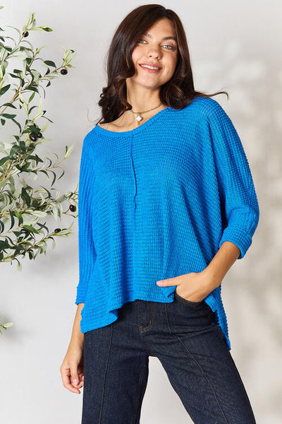 For The One High-Low Slit Knit Top - Blue