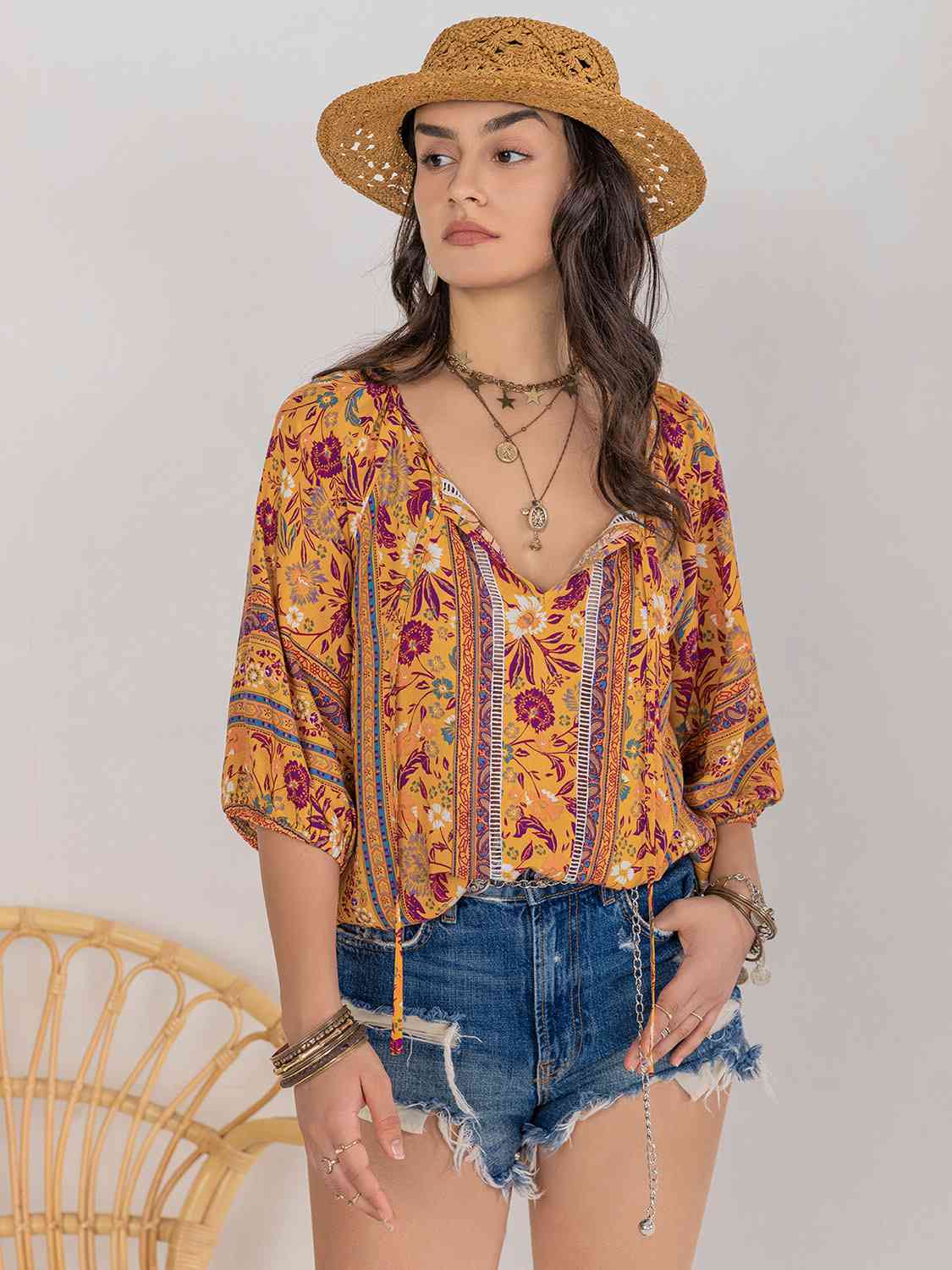 Autumn Blooms Tie Neck Blouse