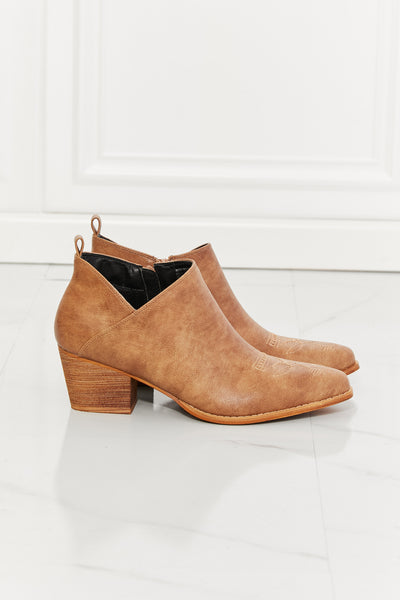 Trust Yourself Embroidered Crossover Cowboy Bootie in Caramel - Copper + Rose