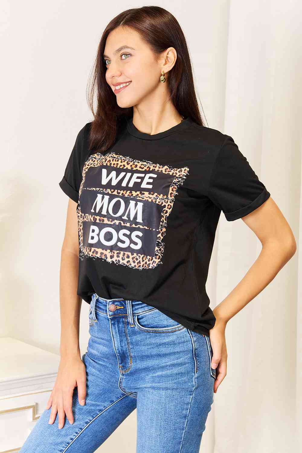 WIFE MOM BOSS Leopard Graphic T-Shirt
