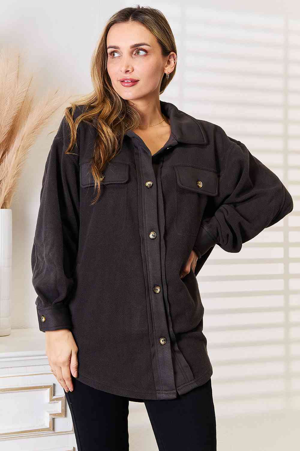 Cozy Girl Button Down Shacket - Charcoal